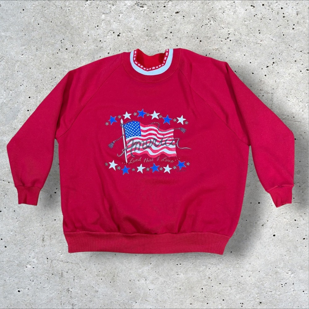 Vintage 90s America Land That I Love Sweatshirt Double Collar Red Large 4th July